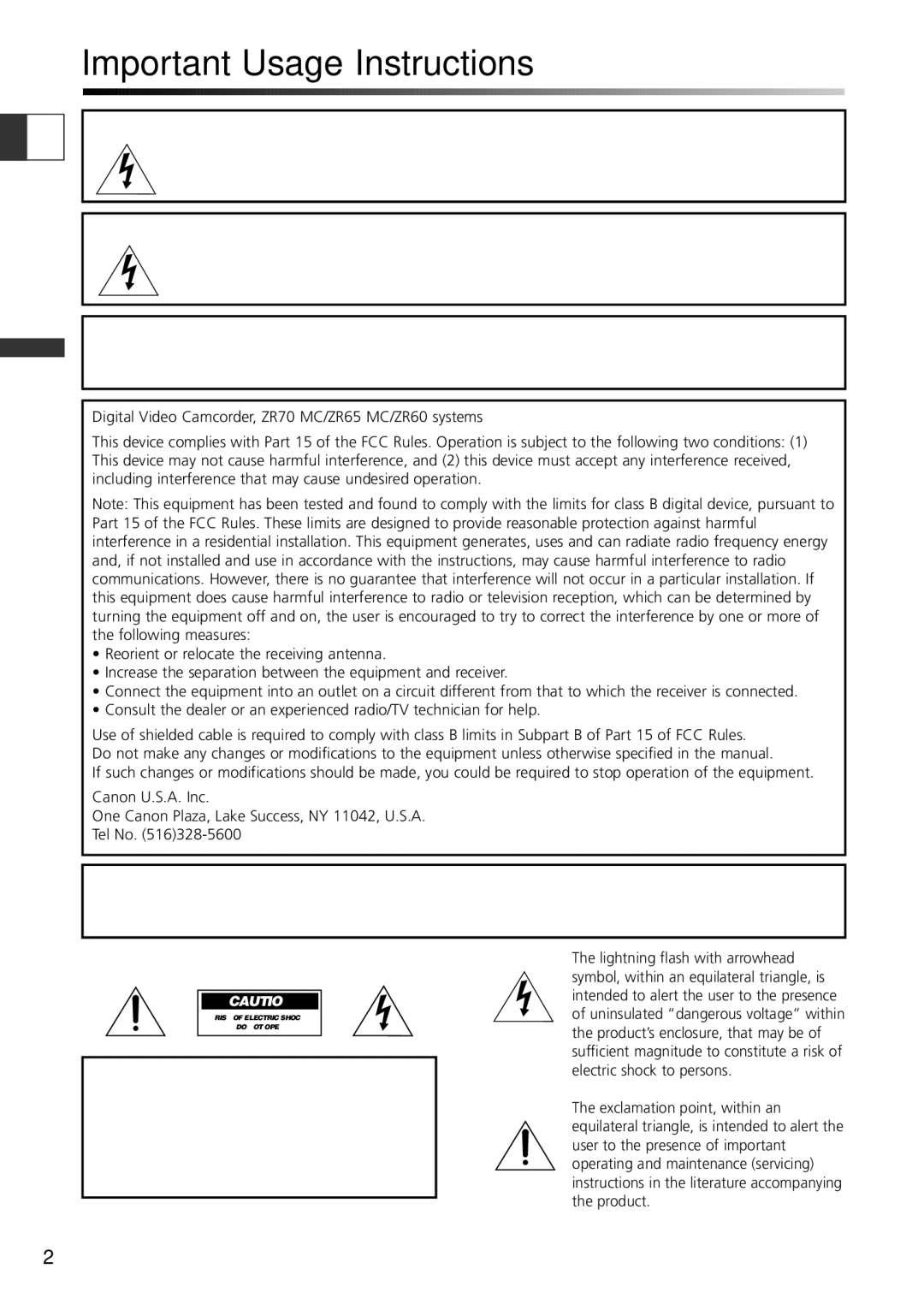 Canon ZR70 MC instruction manual Important Usage Instructions, Copyright Warning 