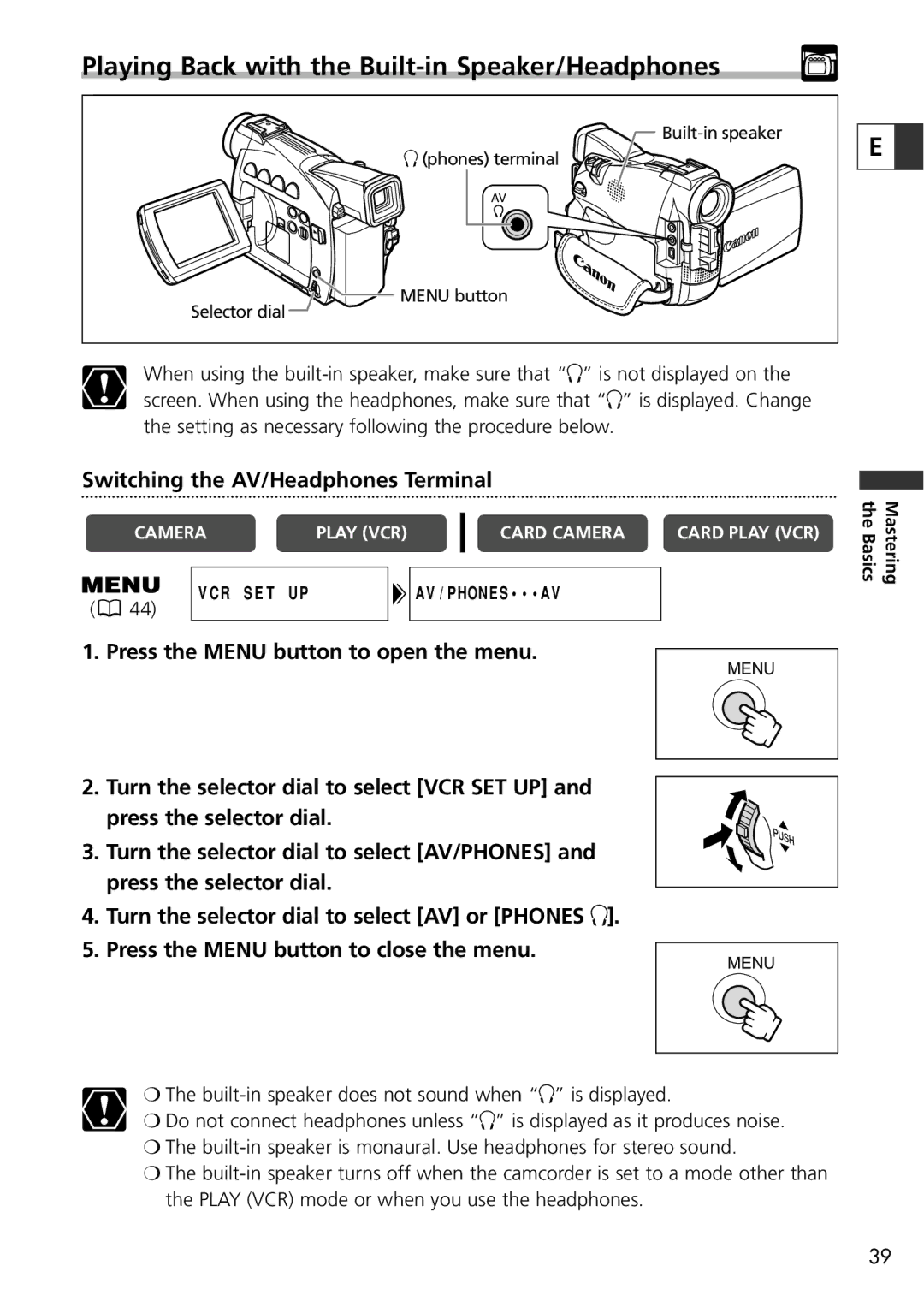 Canon ZR70 MC instruction manual Playing Back with the Built-in Speaker/Headphones, Switching the AV/Headphones Terminal 