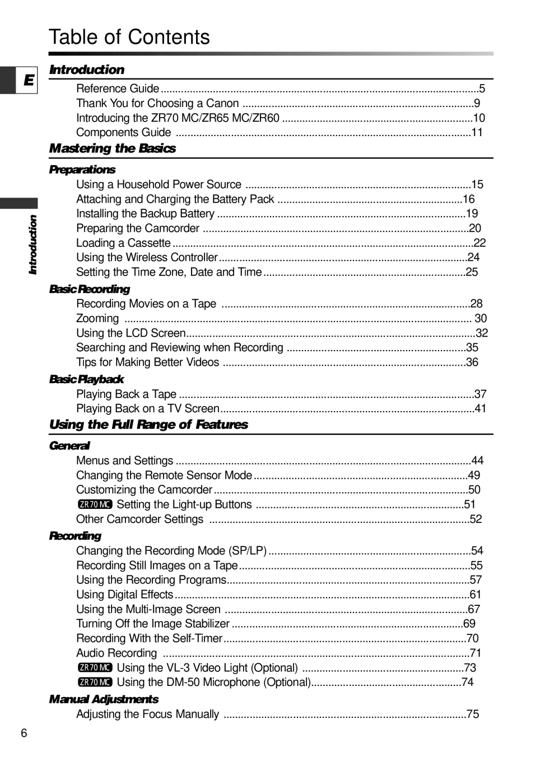 Canon ZR70 MC instruction manual Table of Contents 