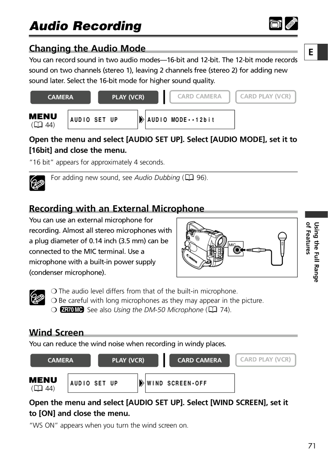 Canon ZR70 MC Audio Recording, Changing the Audio Mode, Recording with an External Microphone, Wind Screen 