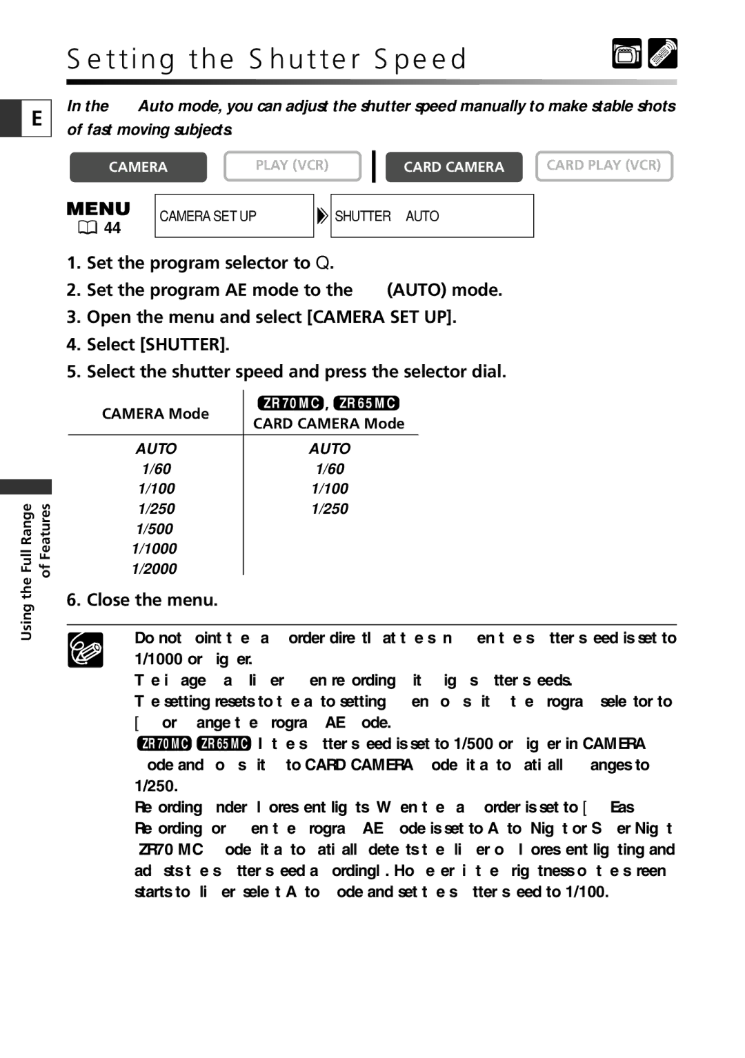 Canon ZR70 MC instruction manual Setting the Shutter Speed, Close the menu 