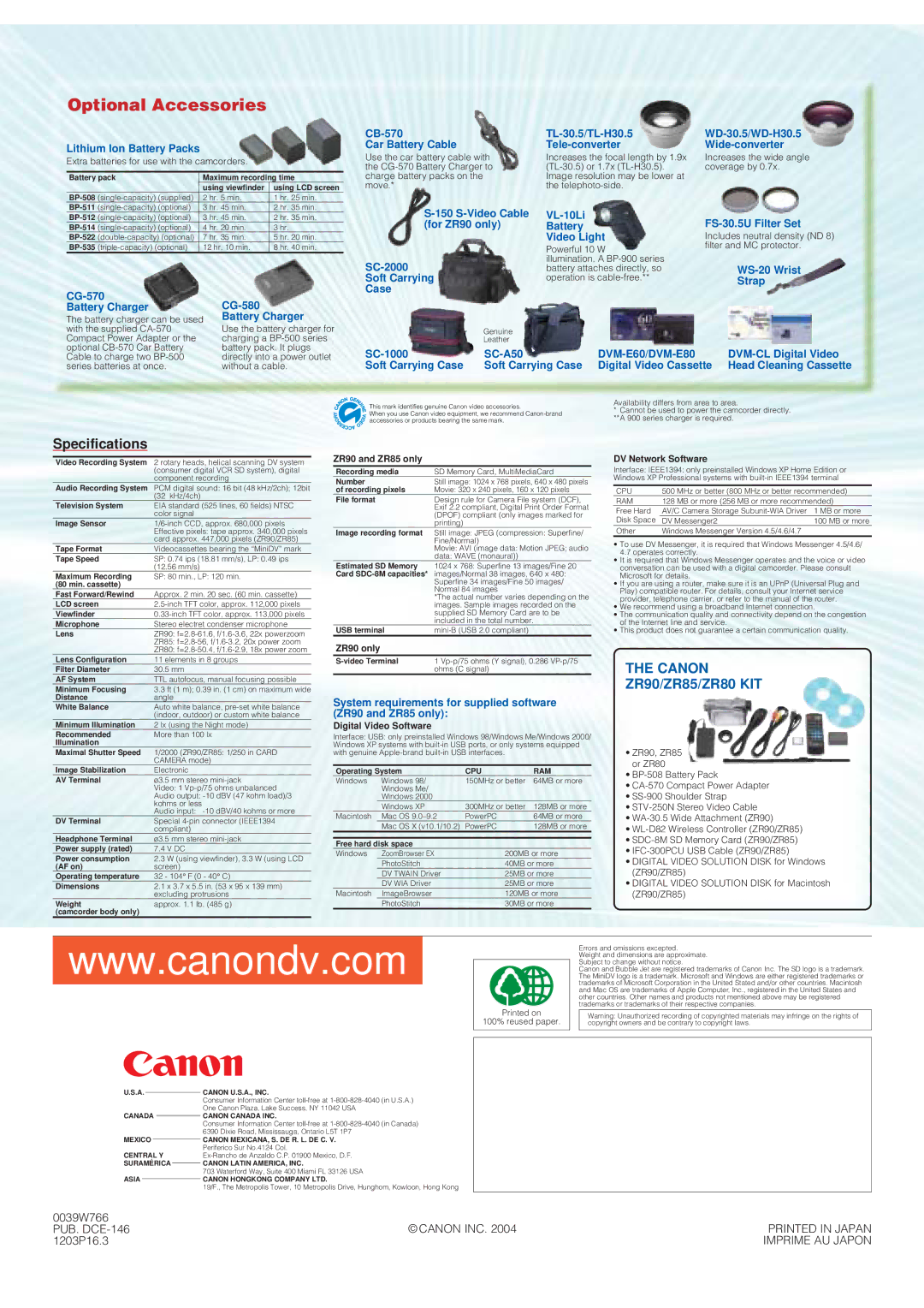 Canon ZR80, ZR85, ZR90 manual Optional Accessories, Specifications 