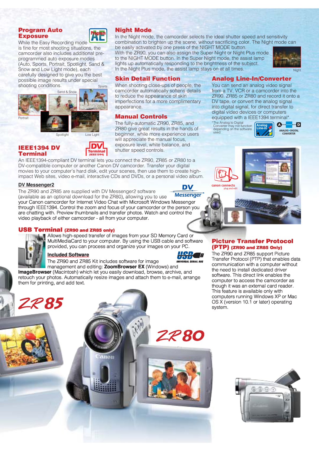 Canon ZR80 Program Auto, Night Mode, IEEE1394 DV Terminal, Skin Detail Function, Manual Controls, Analog Line-In/Converter 