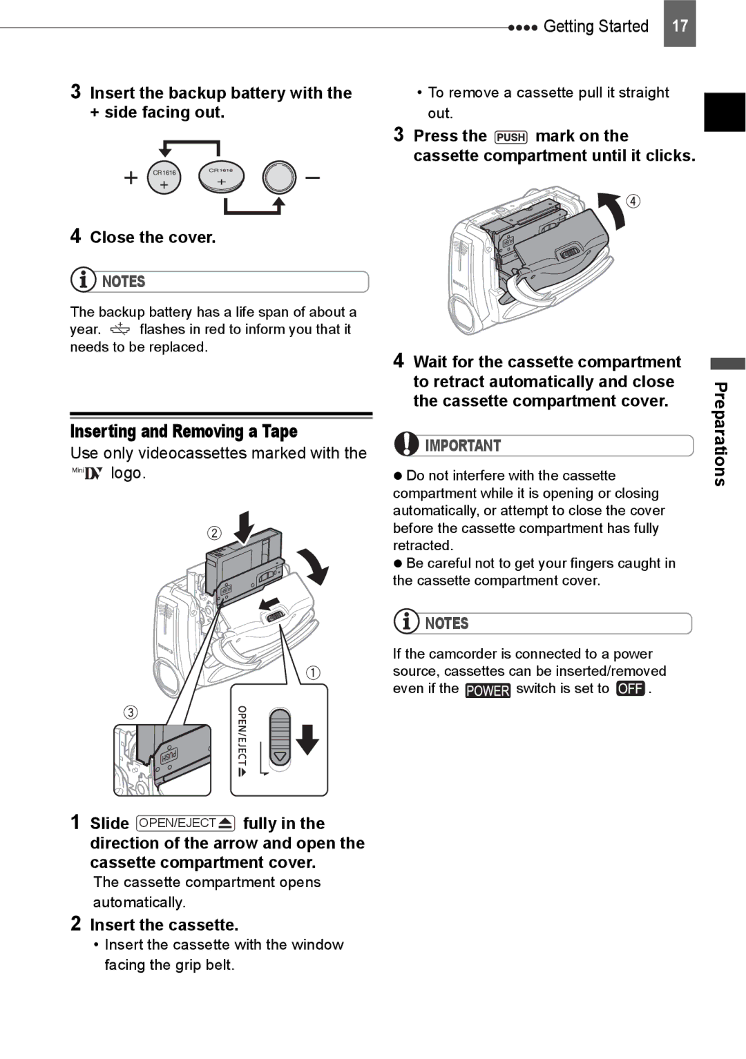 Canon ZR800 Inserting and Removing a Tape, Insert the backup battery with the + side facing out, Insert the cassette 