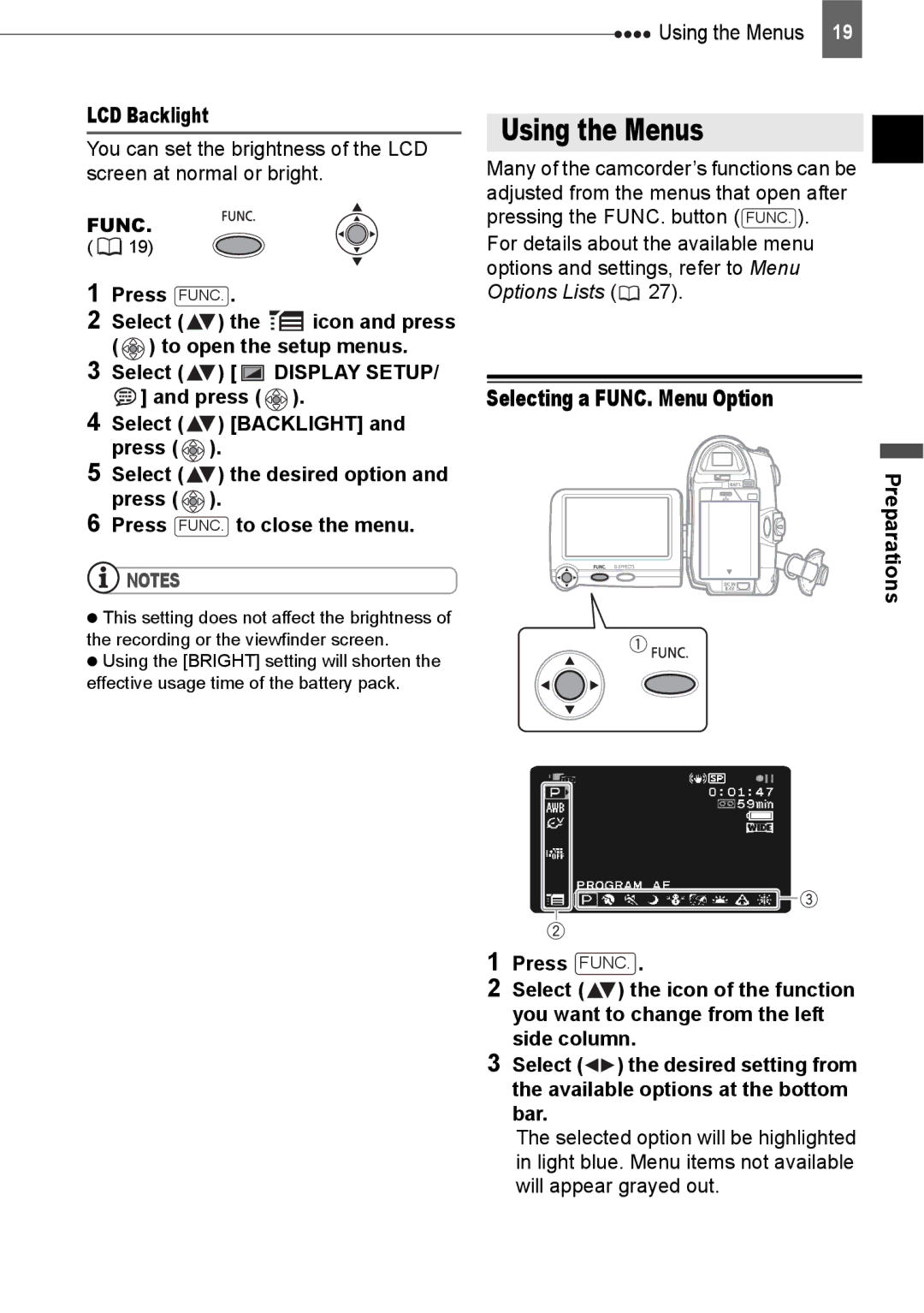 Canon ZR800 instruction manual Using the Menus, Selecting a FUNC. Menu Option 