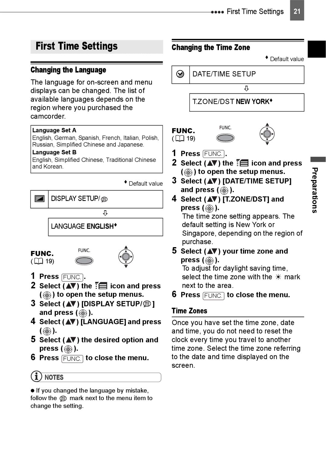 Canon ZR800 instruction manual First Time Settings, Changing the Language, Changing the Time Zone, DATE/TIME Setup 