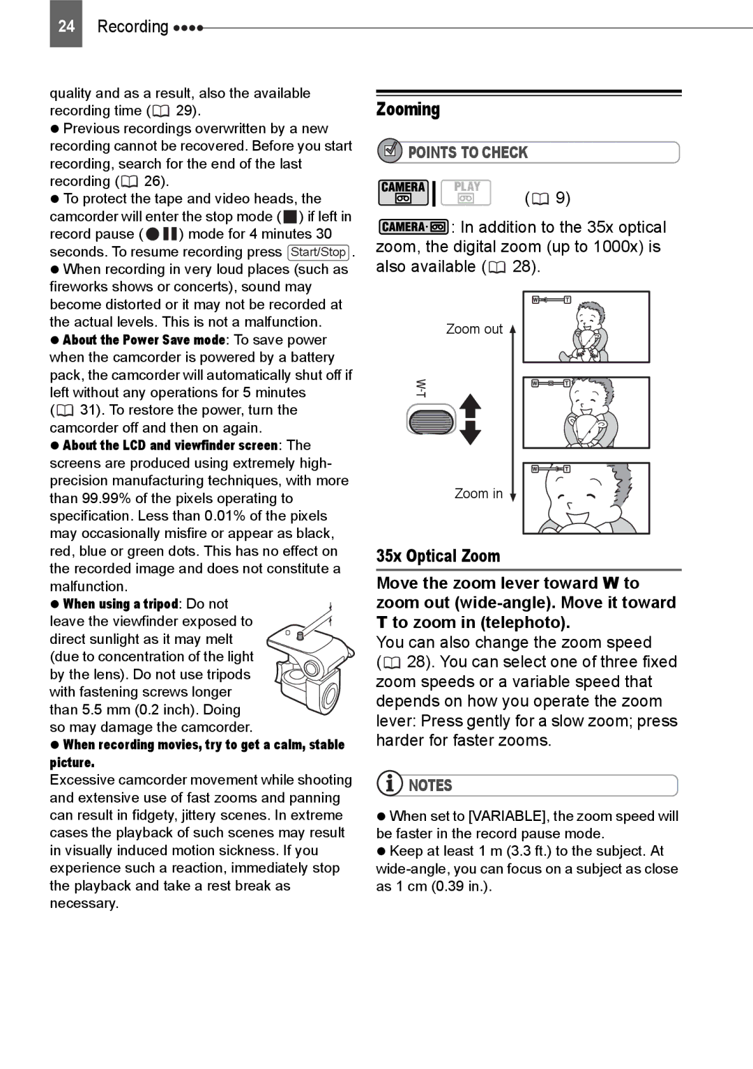 Canon ZR800 instruction manual Zooming, 35x Optical Zoom, To zoom in telephoto 