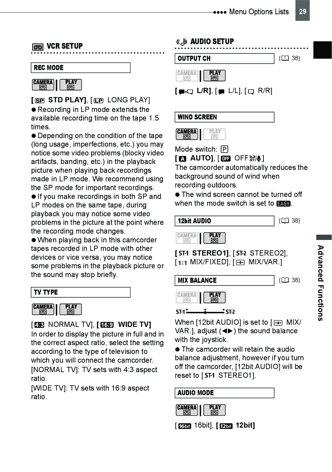 Canon ZR800 instruction manual VCR Setup, Audio Setup, STEREO1, Advanced Functions, 12bit Audio 