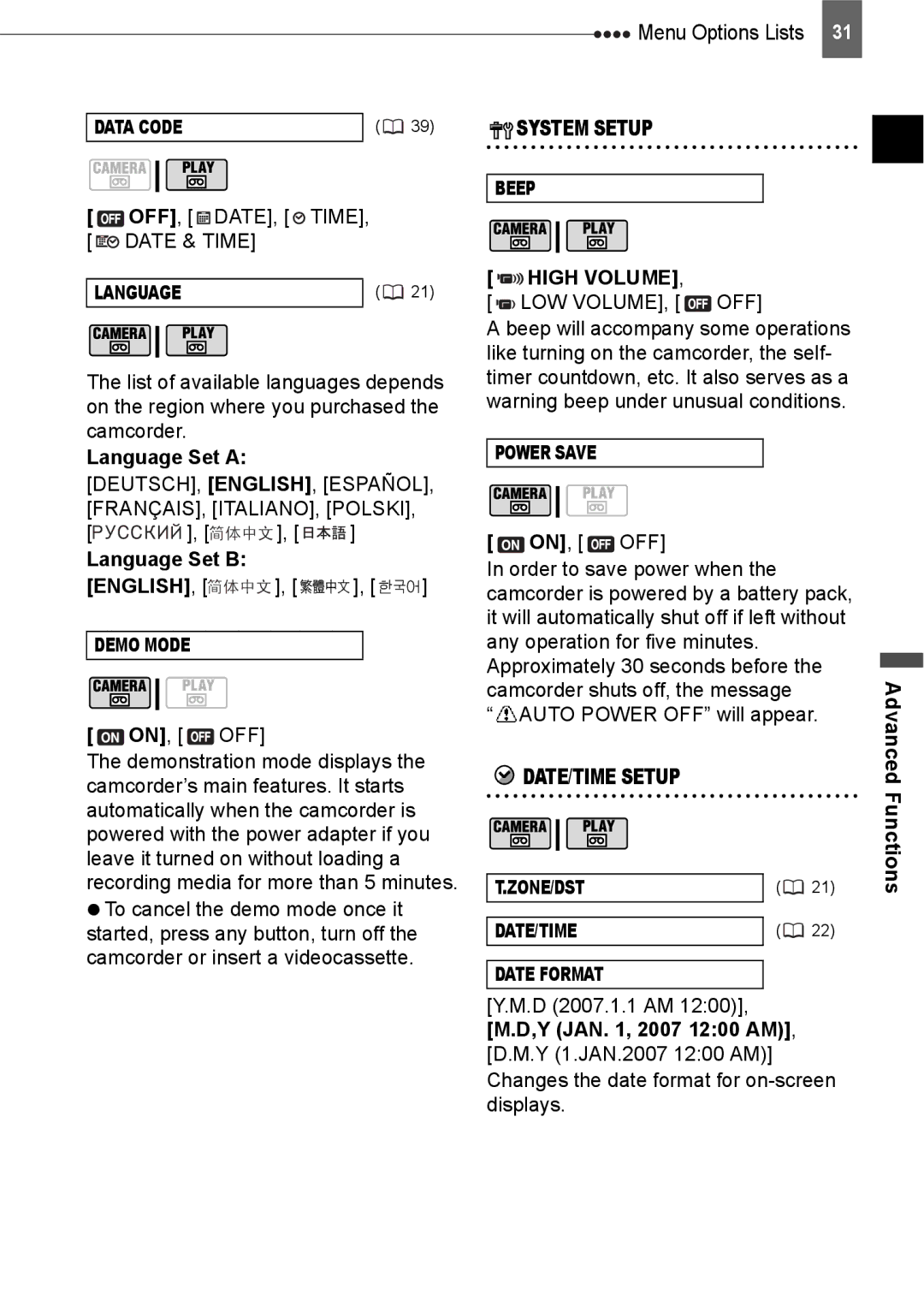 Canon ZR800 instruction manual Language Set a, Language Set B, System Setup, High Volume 