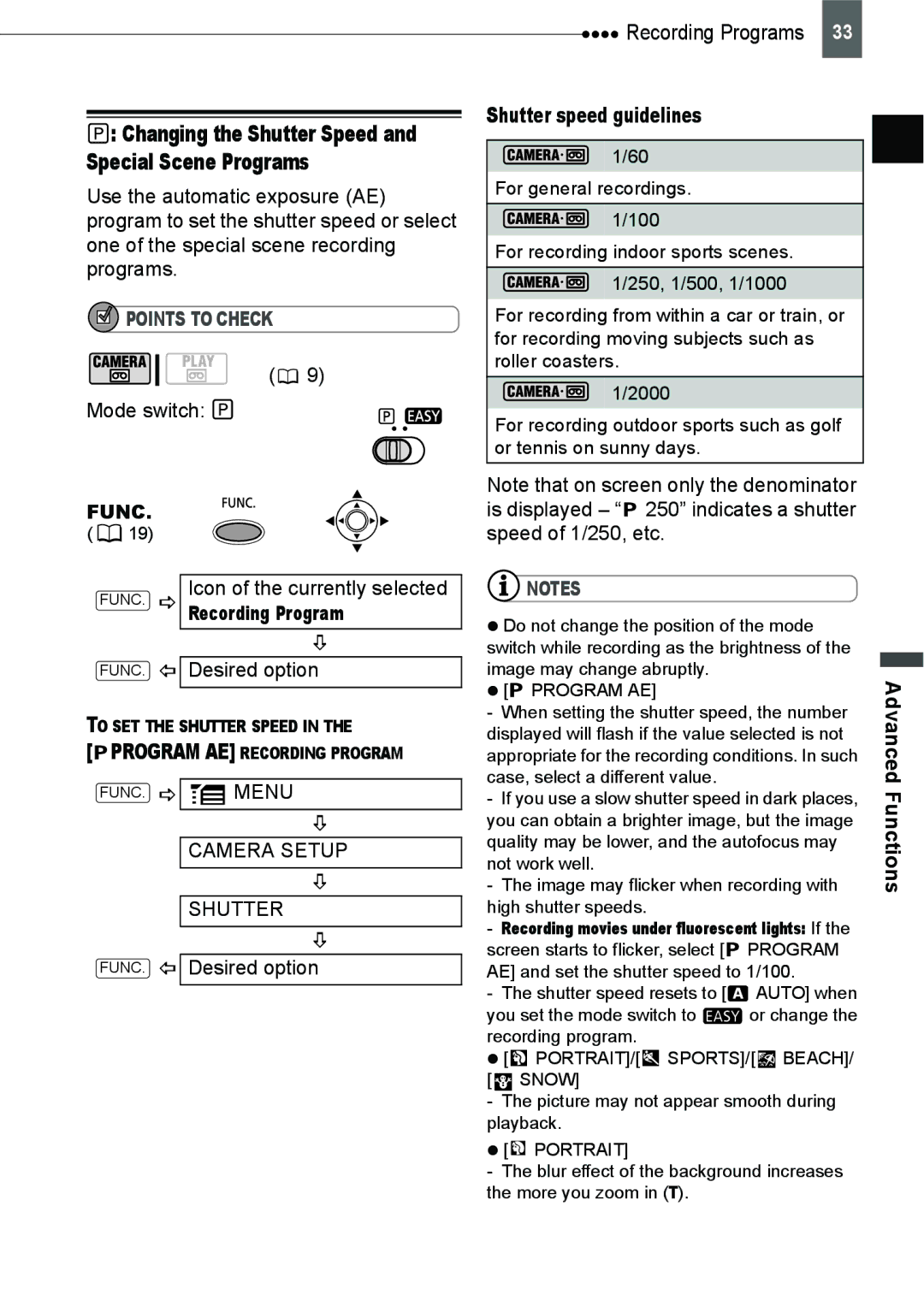 Canon ZR800 Recording Program, Shutter speed guidelines, Changing the Shutter Speed and Special Scene Programs 