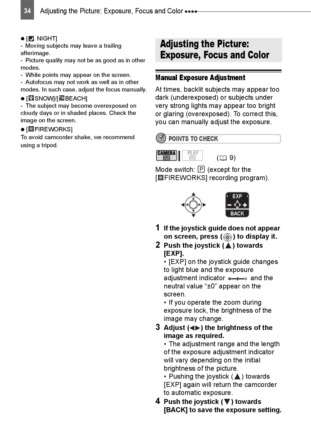 Canon ZR800 instruction manual Push the joystick towards EXP, Adjust the brightness of the image as required 