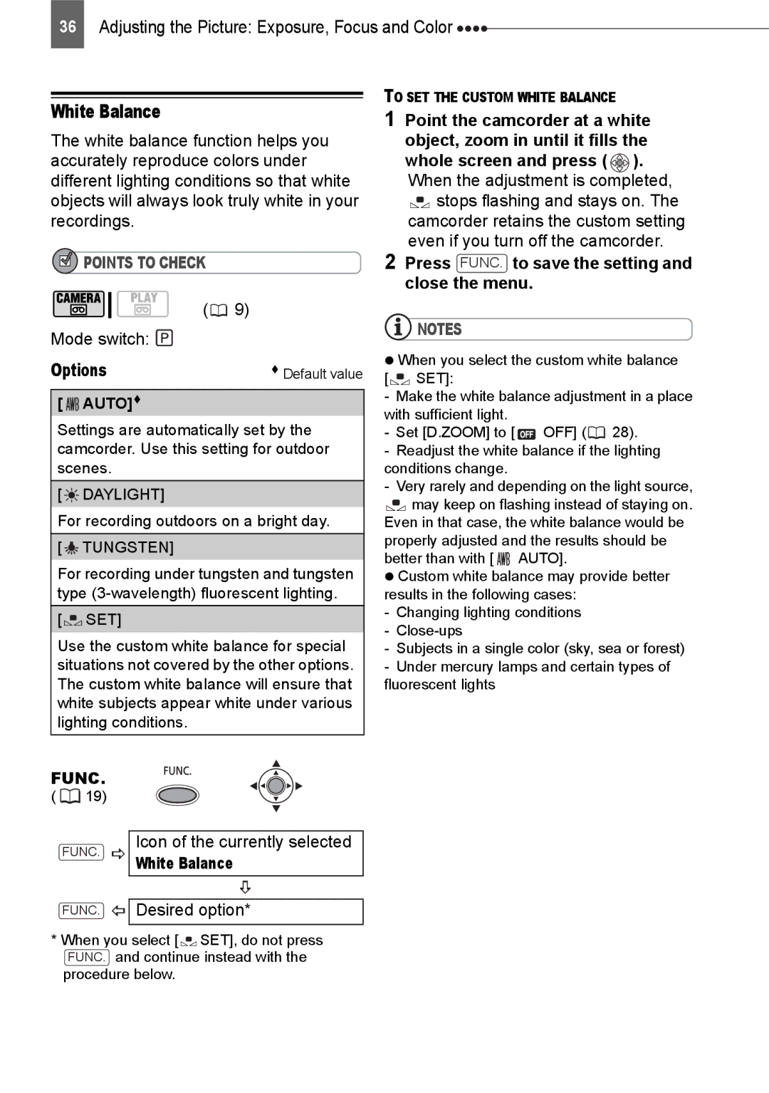 Canon ZR800 instruction manual White Balance, Options, Press FUNC. to save the setting and close the menu, Auto 