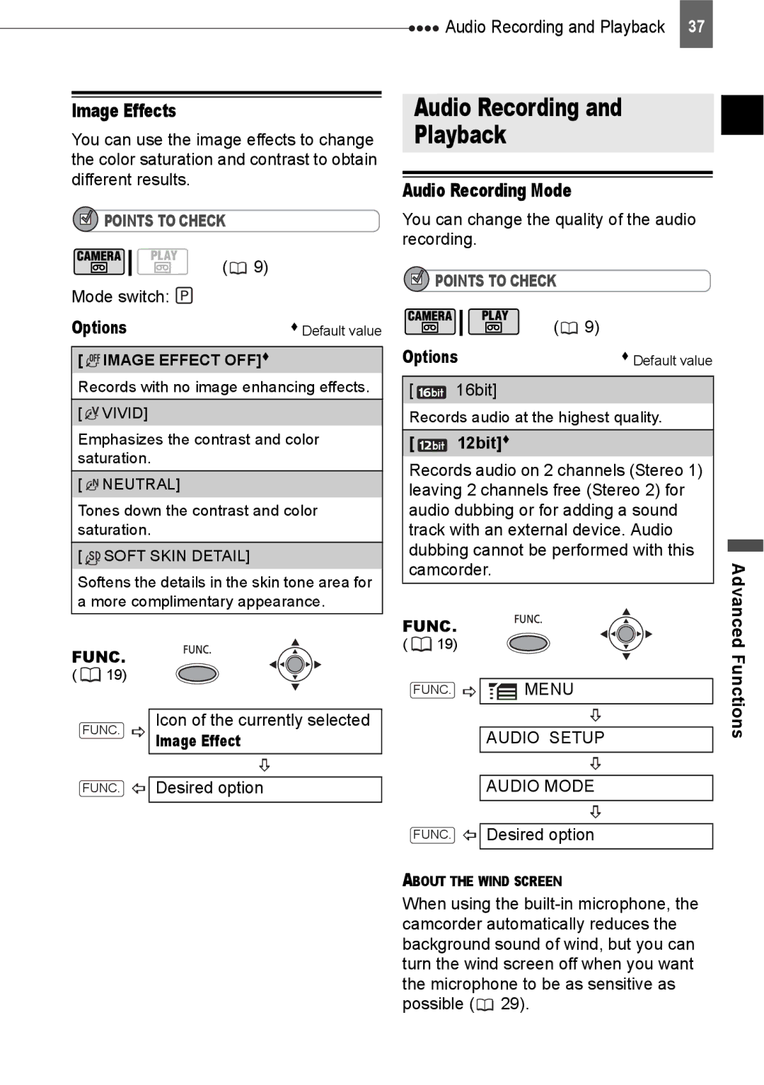 Canon ZR800 instruction manual Audio Recording Playback, Image Effects, Audio Recording Mode, 12bit 