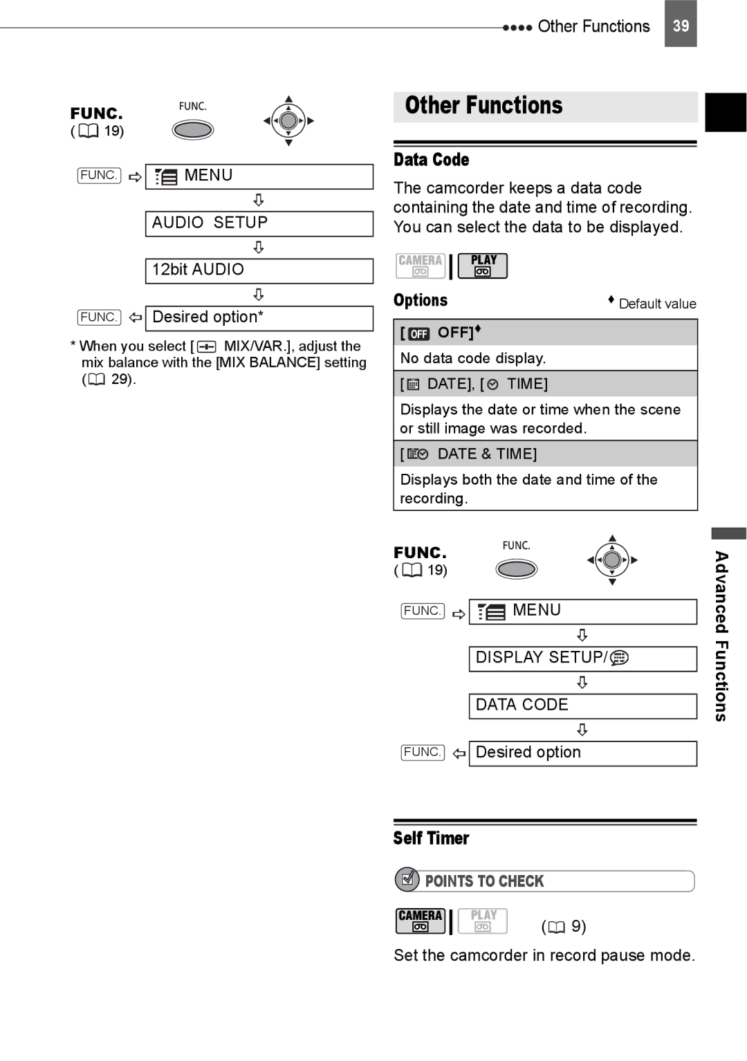 Canon ZR800 instruction manual Other Functions, Data Code, Self Timer 