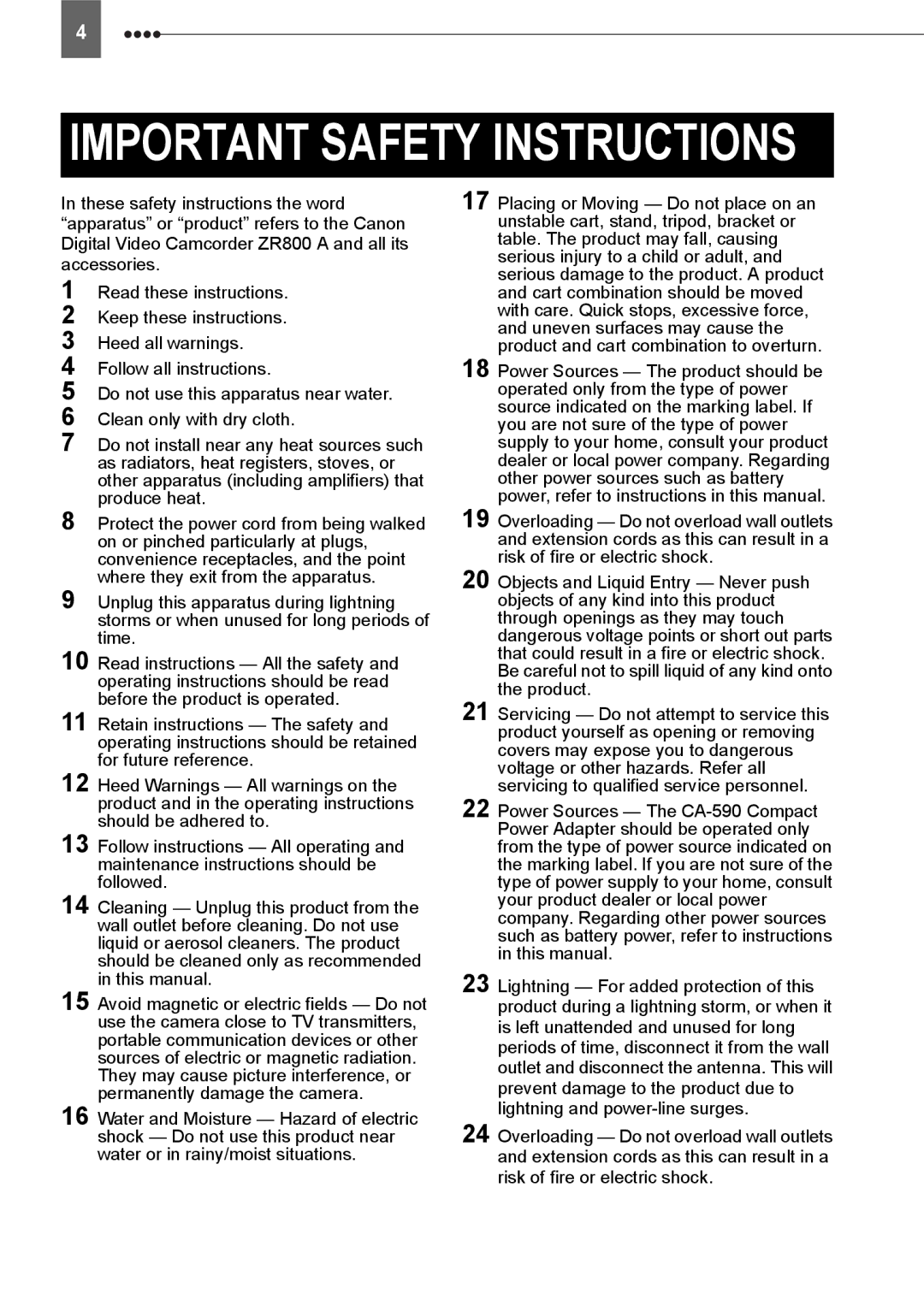 Canon ZR800 instruction manual Important Safety Instructions 