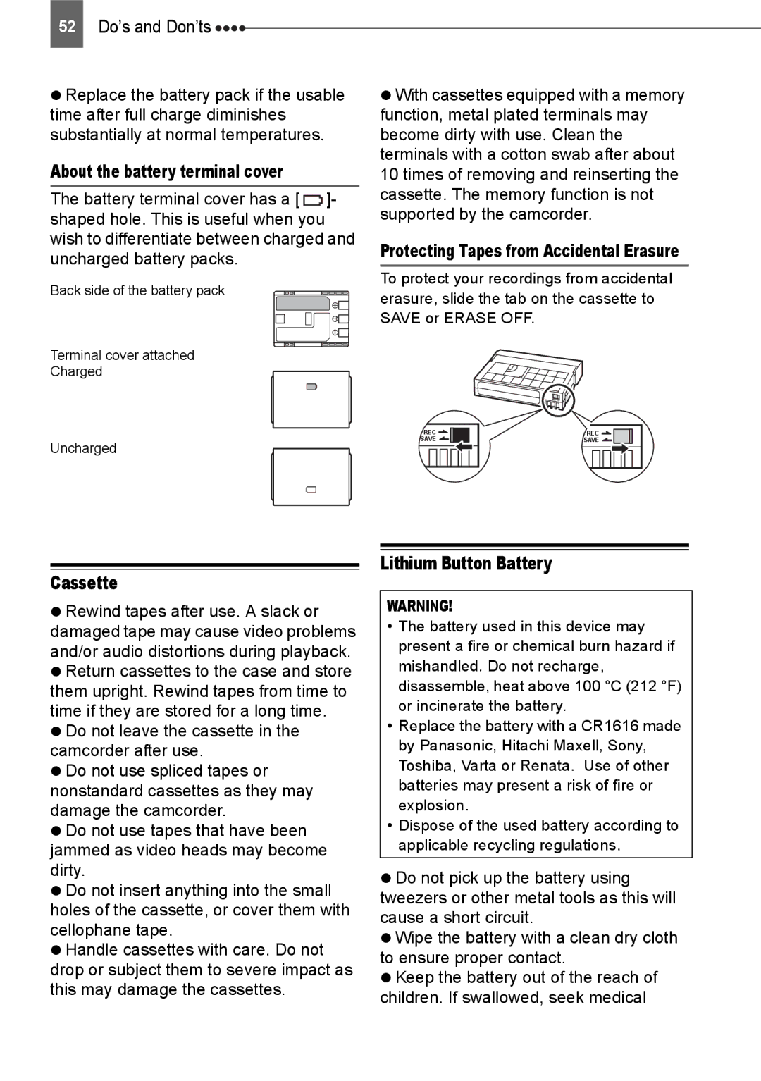 Canon ZR800 Cassette, Lithium Button Battery, About the battery terminal cover, Protecting Tapes from Accidental Erasure 