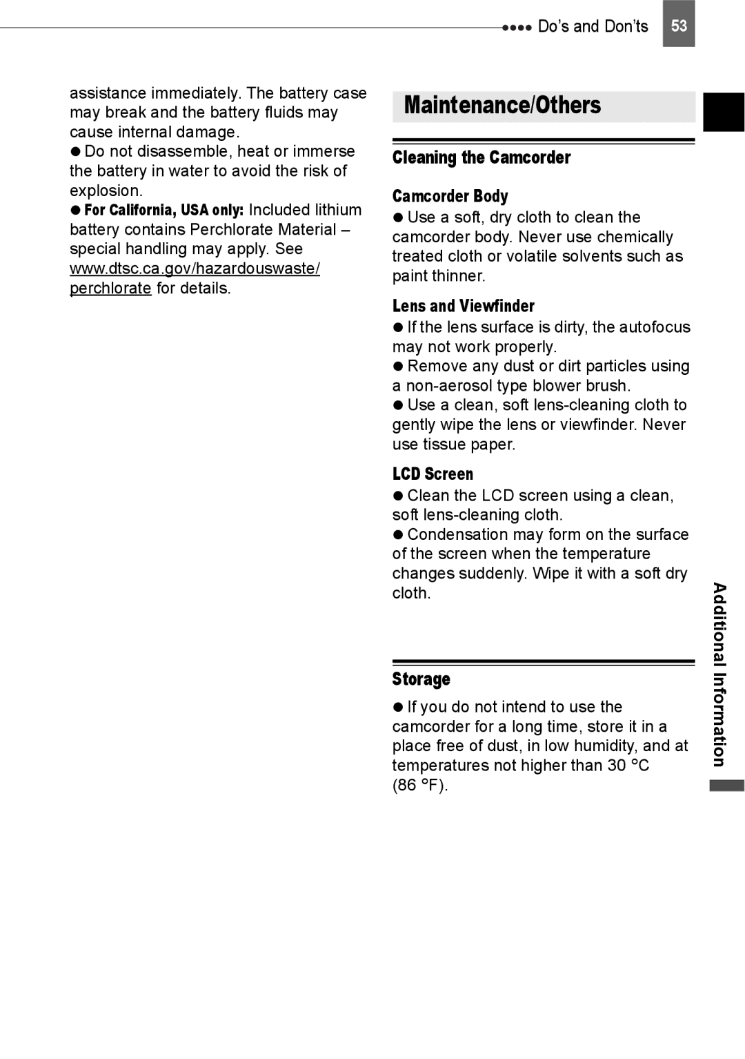 Canon ZR800 instruction manual Maintenance/Others, Cleaning the Camcorder, Storage 