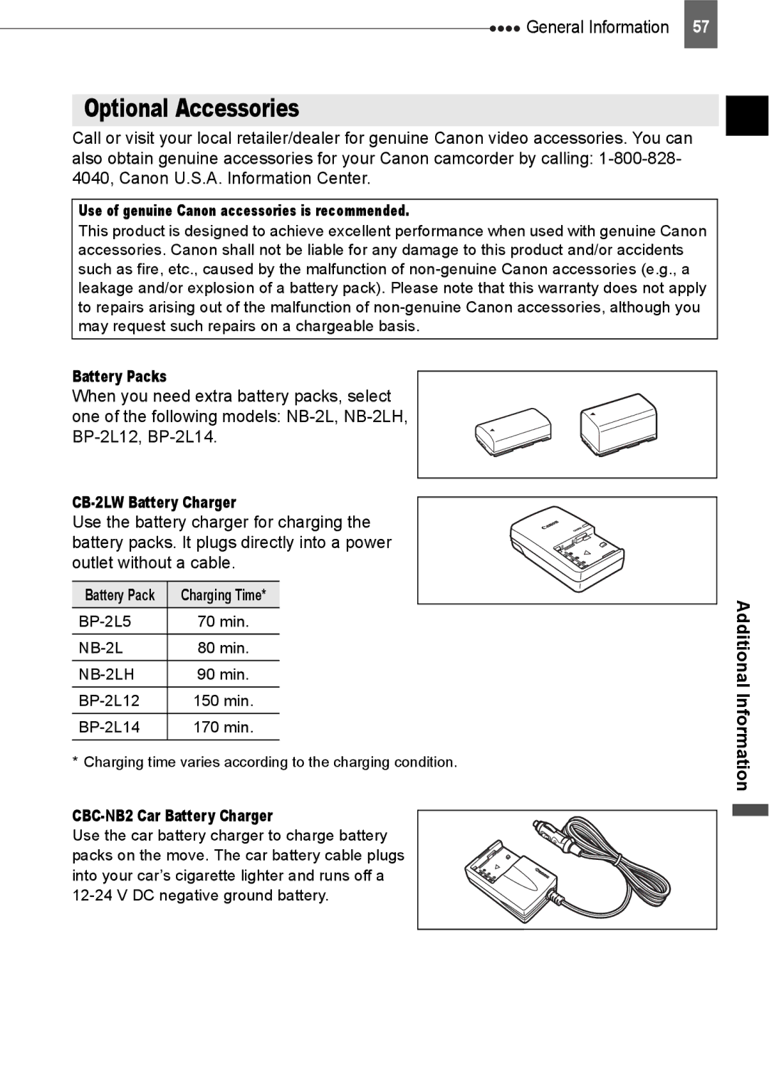 Canon ZR800 instruction manual Optional Accessories, Battery Packs, CB-2LW Battery Charger, CBC-NB2 Car Battery Charger 