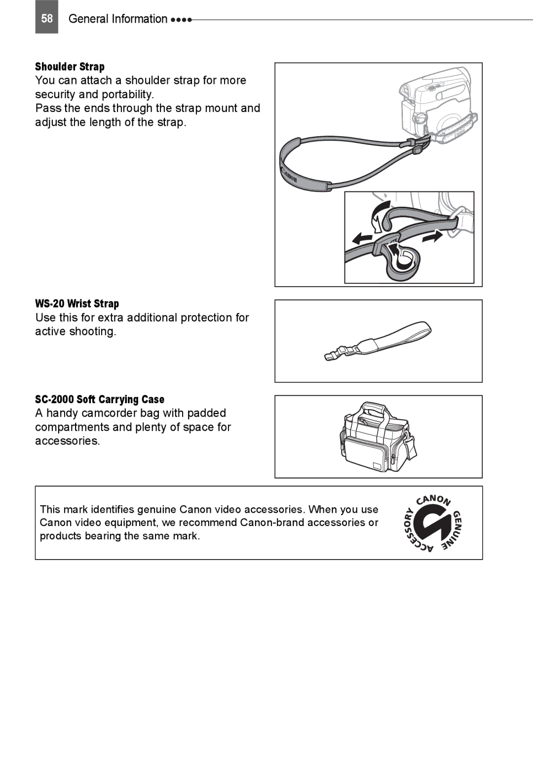 Canon ZR800 instruction manual Shoulder Strap, WS-20 Wrist Strap, SC-2000 Soft Carrying Case 