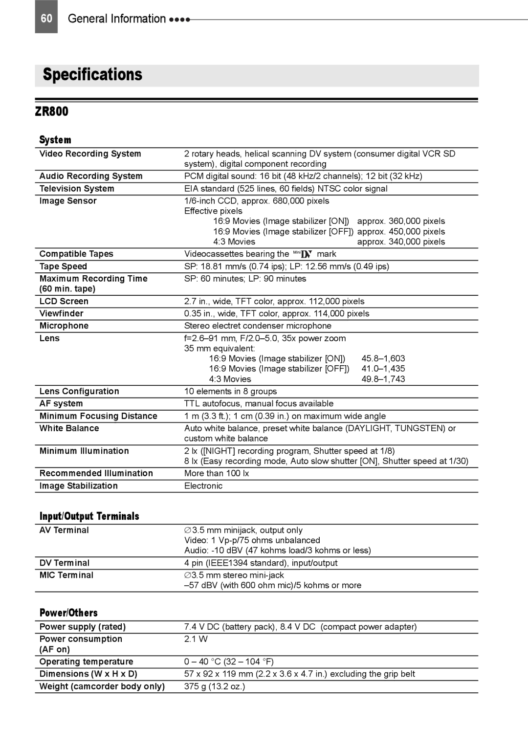 Canon ZR800 instruction manual Specifications, System, Input/Output Terminals, Power/Others 