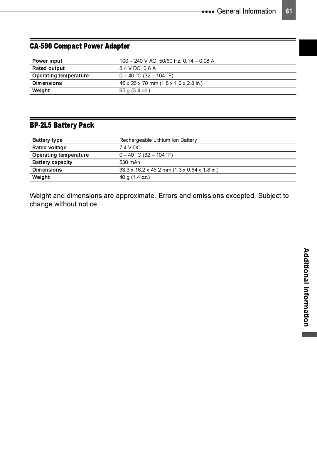 Canon ZR800 instruction manual CA-590 Compact Power Adapter, BP-2L5 Battery Pack 