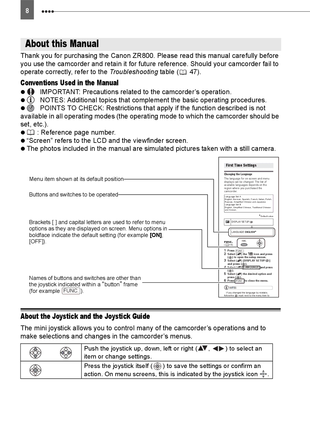 Canon ZR800 instruction manual About this Manual, Conventions Used in the Manual, About the Joystick and the Joystick Guide 