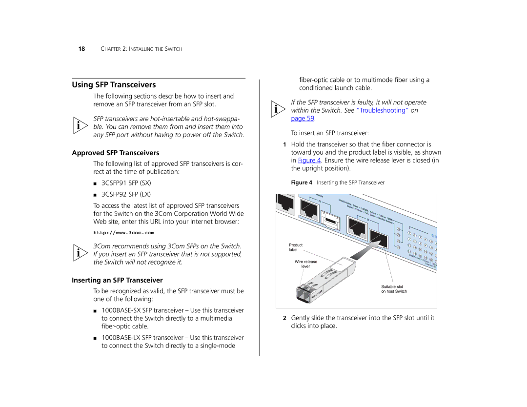 Canton 3C16476CS manual Using SFP Transceivers, Approved SFP Transceivers, Inserting an SFP Transceiver 