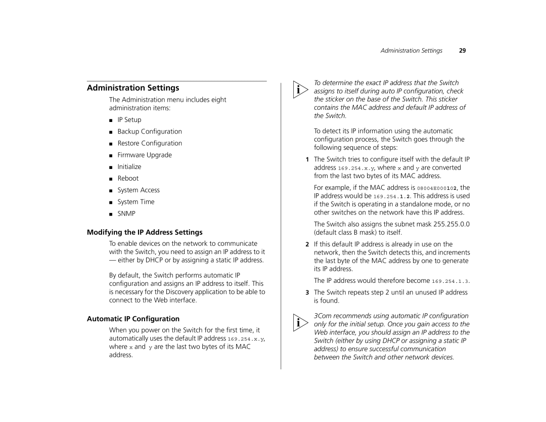 Canton 3C16476CS manual Administration Settings, Modifying the IP Address Settings, Automatic IP Configuration 