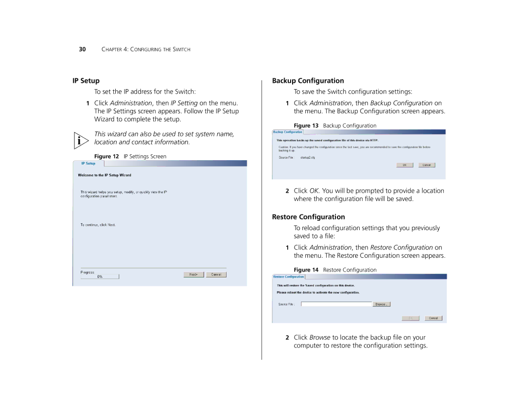 Canton 3C16476CS manual IP Setup, Backup Configuration, Restore Configuration 