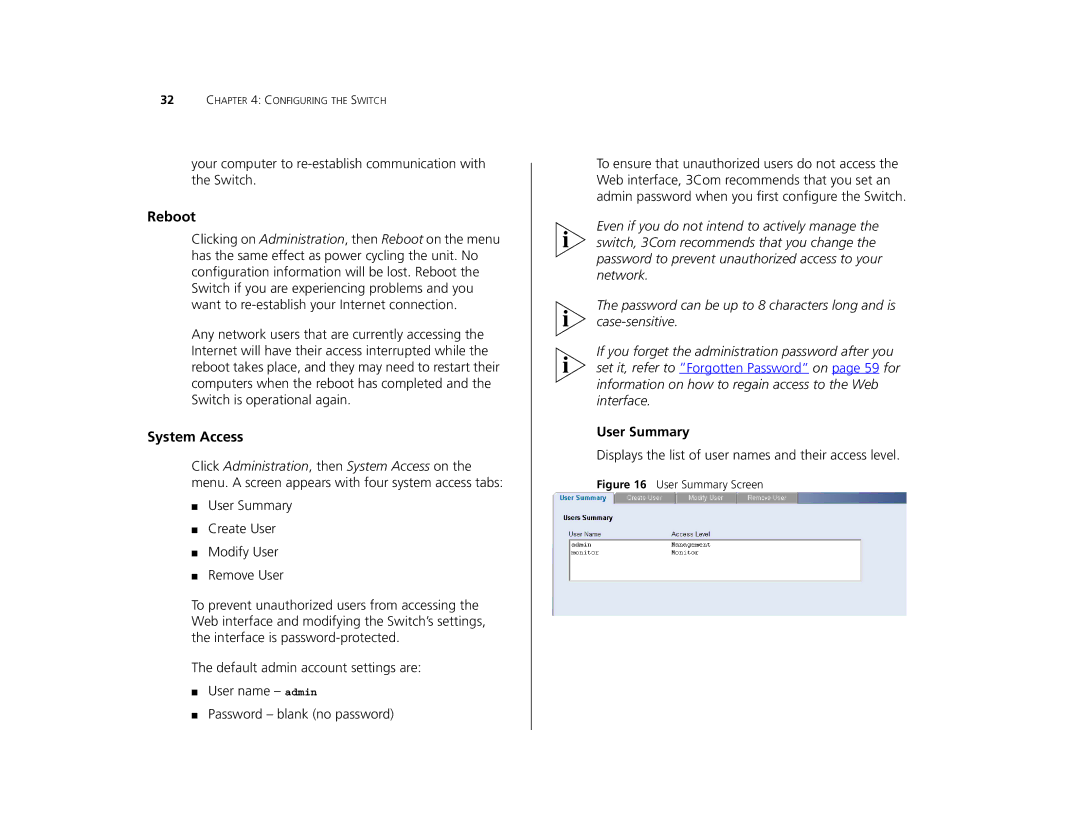 Canton 3C16476CS manual Reboot, System Access, User Summary 