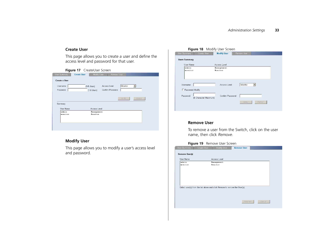 Canton 3C16476CS manual Create User, Modify User, Remove User 