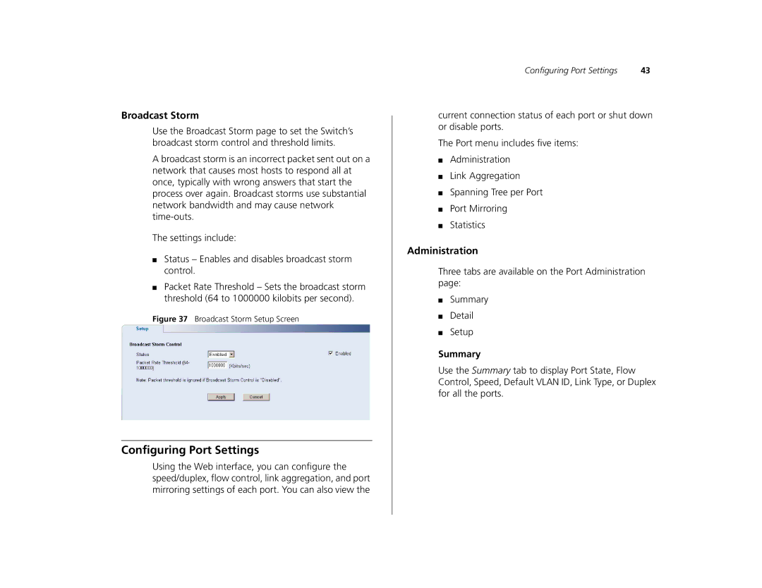 Canton 3C16476CS manual Configuring Port Settings, Broadcast Storm, Administration 