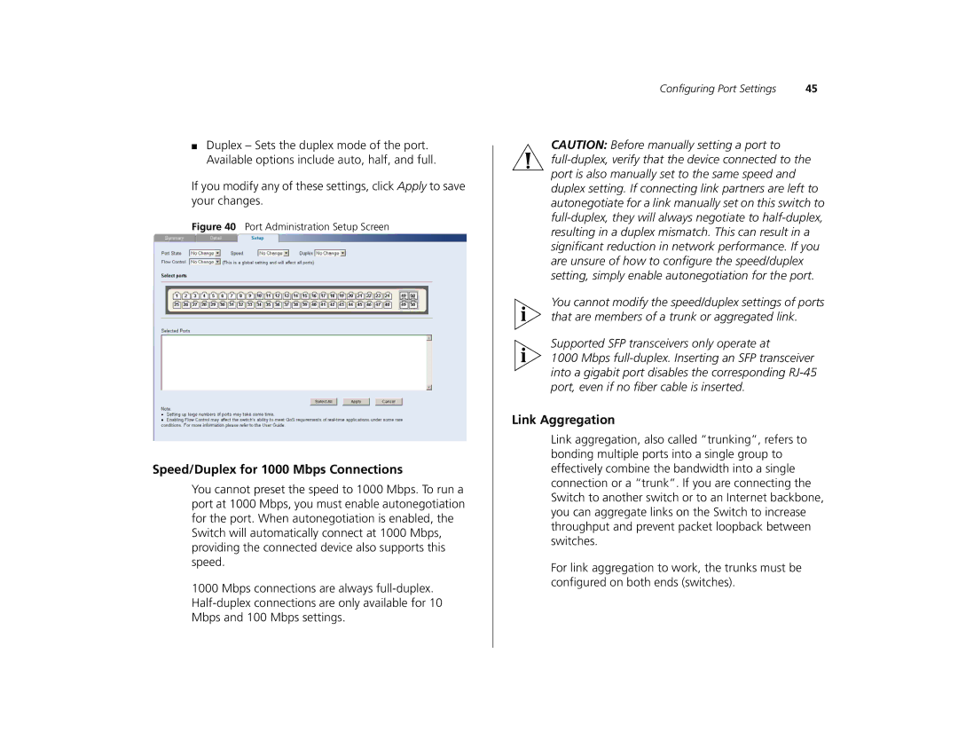 Canton 3C16476CS manual Speed/Duplex for 1000 Mbps Connections, Link Aggregation 