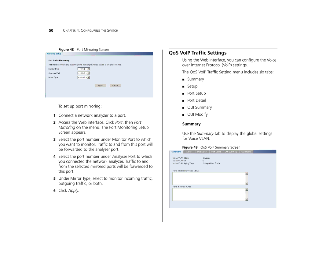 Canton 3C16476CS manual QoS VoIP Traffic Settings, Port Mirroring Screen 