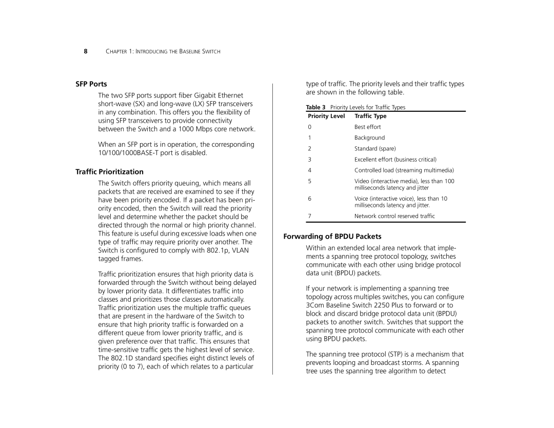 Canton 3C16476CS manual SFP Ports, Traffic Prioritization, Forwarding of Bpdu Packets, Priority Level 