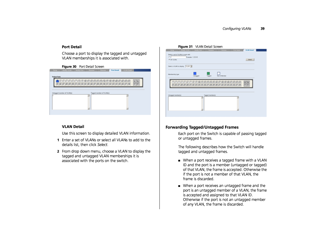 Canton 3C16476CS manual Forwarding Tagged/Untagged Frames, Port Detail, VLAN Detail 