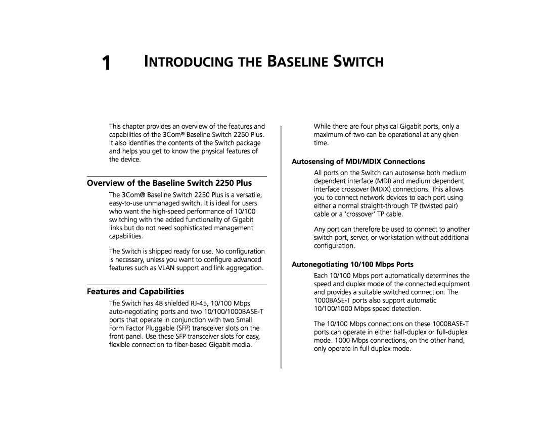 Canton 3C16476CS Introducing The Baseline Switch, Overview of the Baseline Switch 2250 Plus, Features and Capabilities 