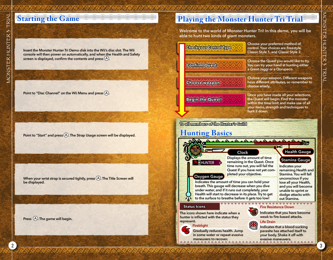 Capcom 13388390014 manual Starting the Game, Playing the Monster Hunter Tri Trial, Hunting Basics, Clock Health Gauge 