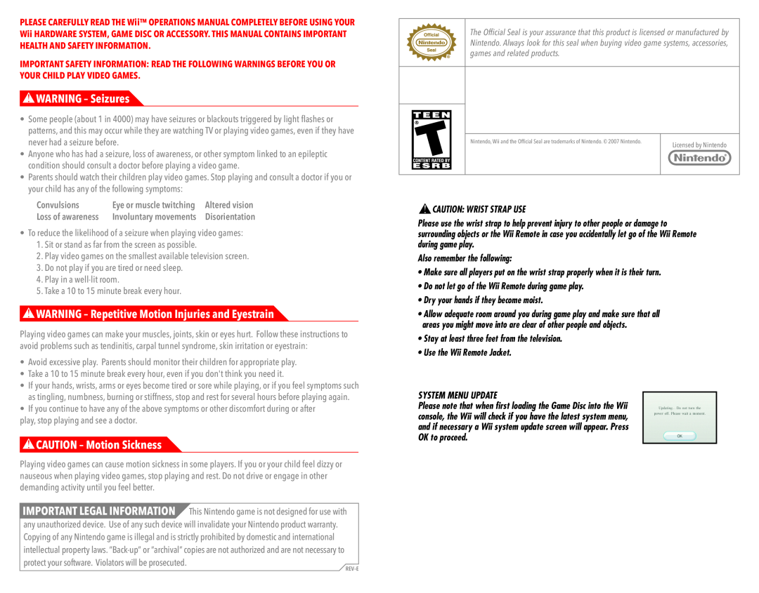 Capcom 13388305100 manual WARNING - Seizures, WARNING - Repetitive Motion Injuries and Eyestrain, CAUTION - Motion Sickness 