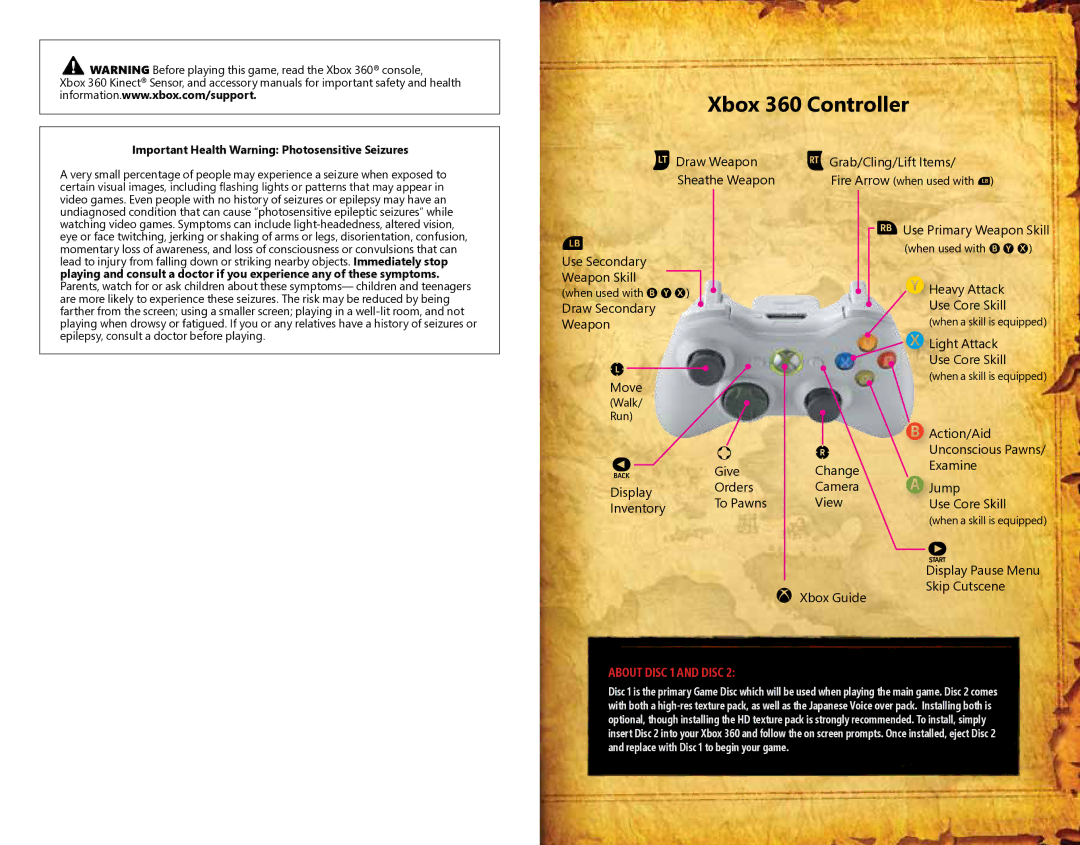 Capcom 13388330461 manual Xbox 360 Controller, About Disc 1 and Disc, Important Health Warning Photosensitive Seizures 