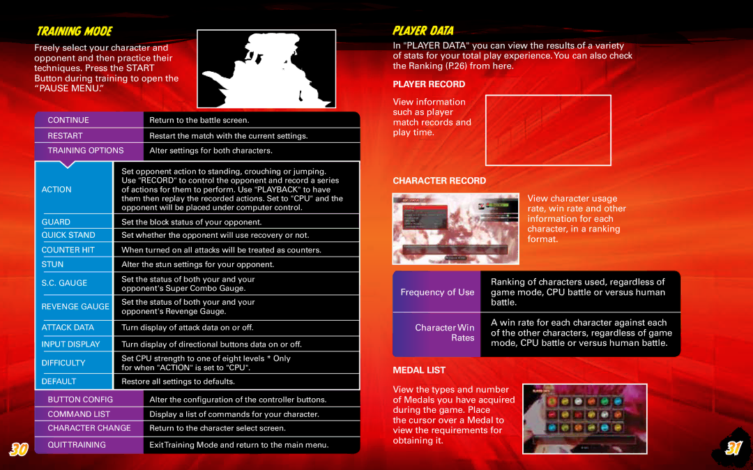 Capcom 13388340231 manual Player Record, Character Record, Medal List 