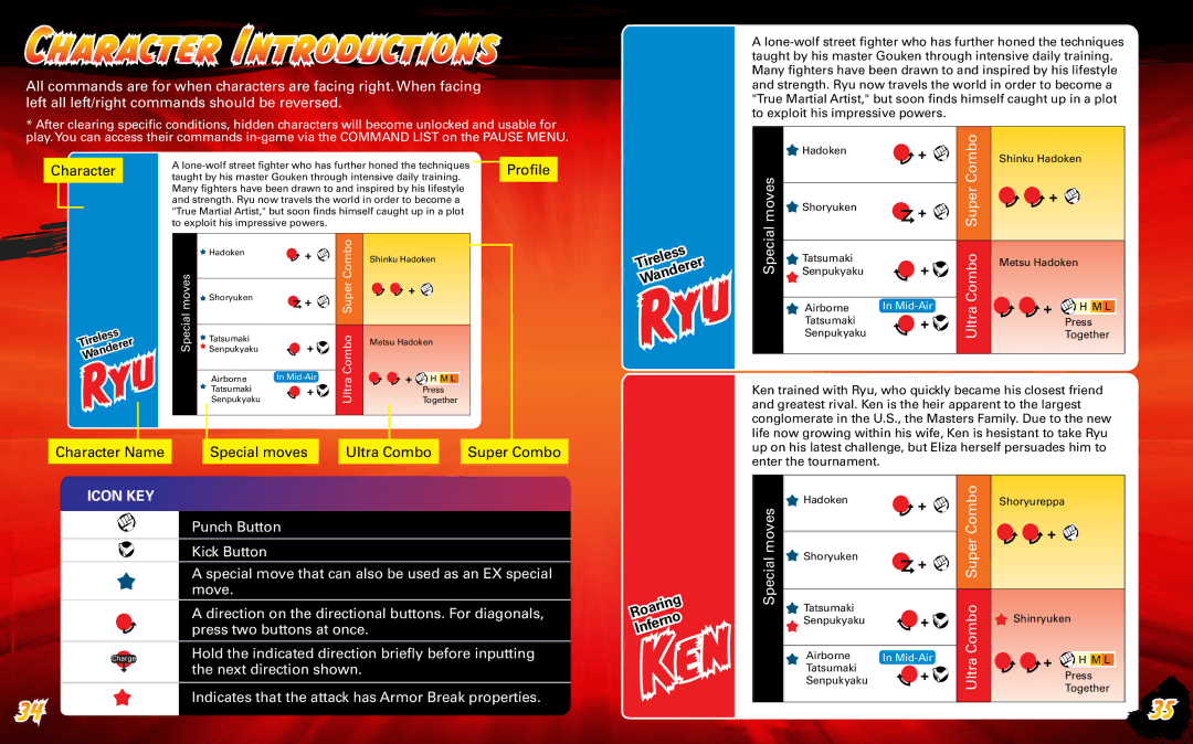 Capcom 13388340231 manual Haracter Introductions, Icon Key 