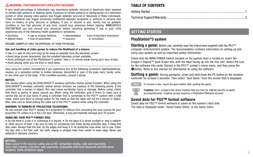 Capcom 13388340460 Getting Started, PlayStation3 system, Saved data for PS3 format software, Handling Your PS3 Format Disc 