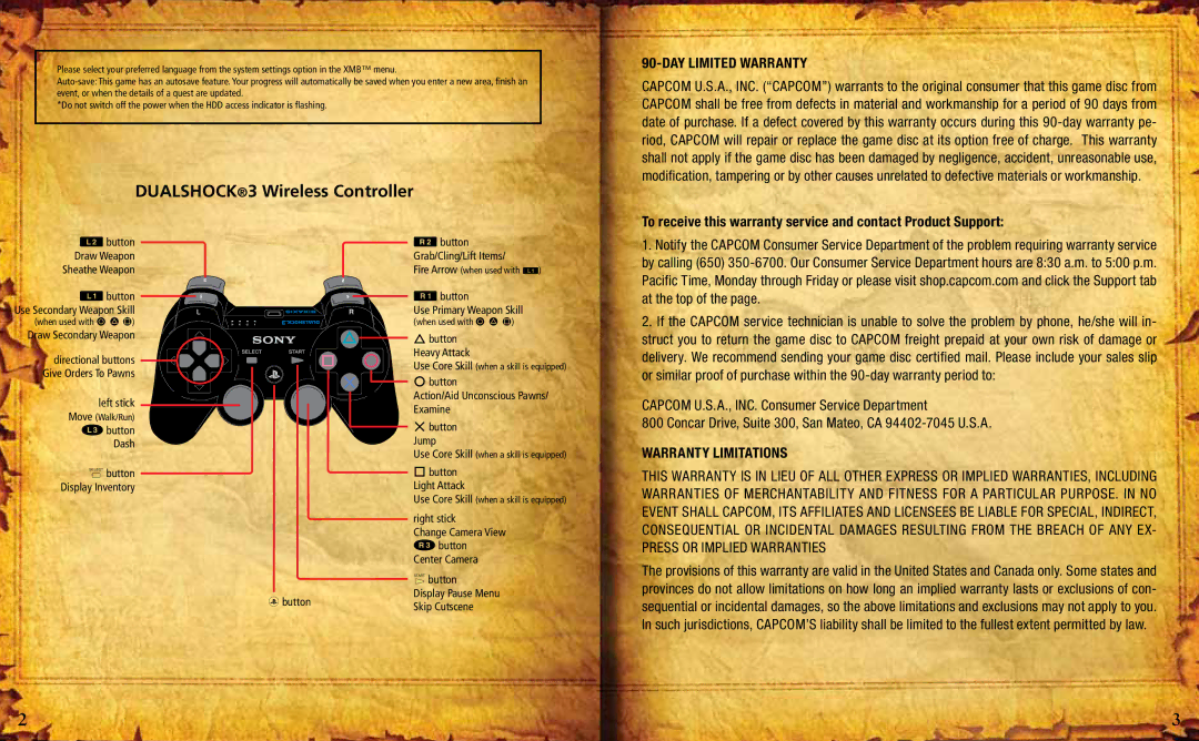 Capcom 13388340460 manual DUALSHOCK3 Wireless Controller, DAY Limited Warranty, Warranty Limitations 