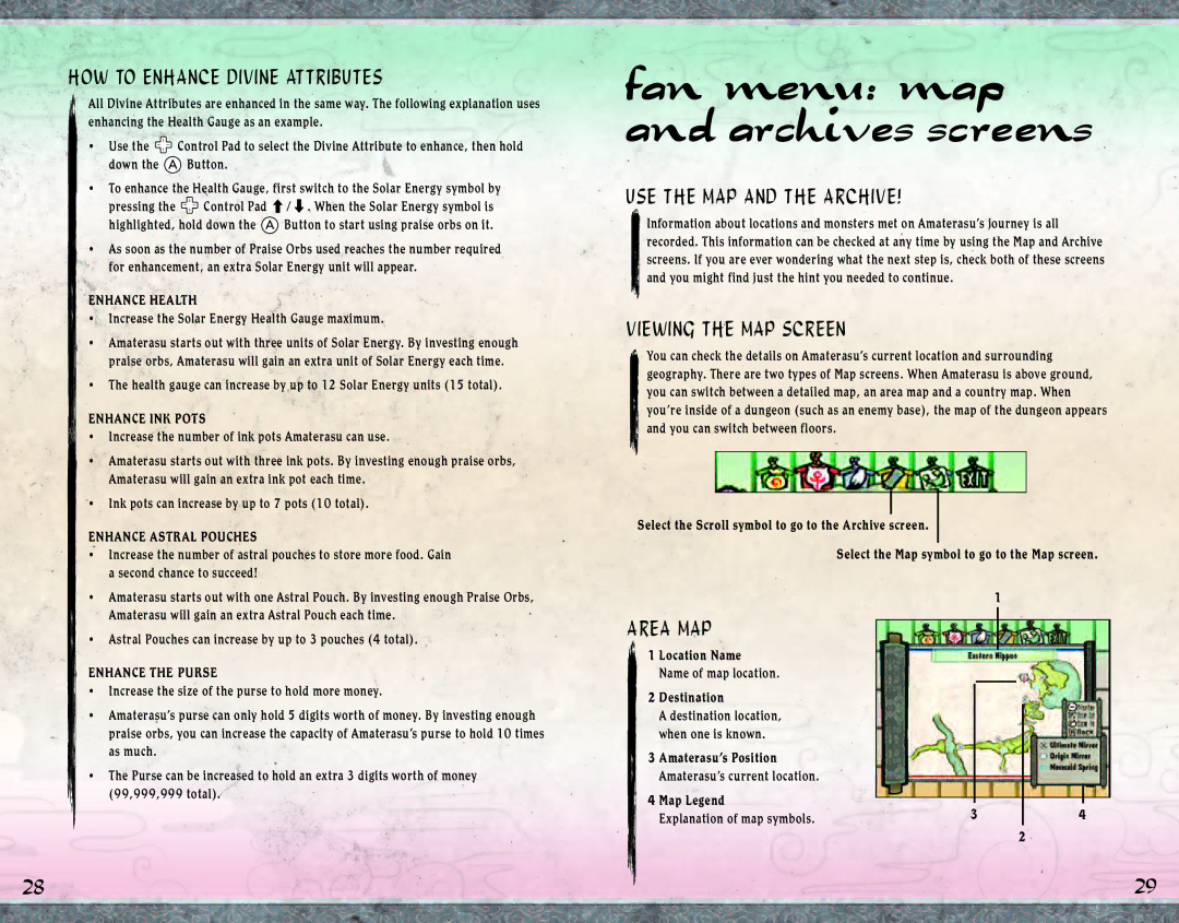 Capcom 13388350070 Fan menu map An d archives scre ens, HOW to Enhance Divine Attributes, USE the MAP and the Archive 