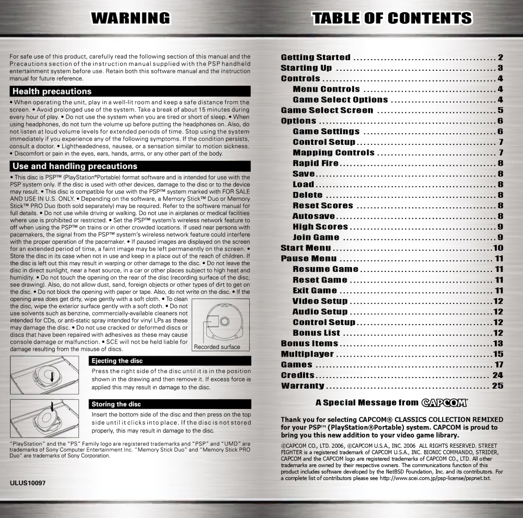 Capcom A0030.02, Capcom Classics Collection Remixed manual Table of Contents 