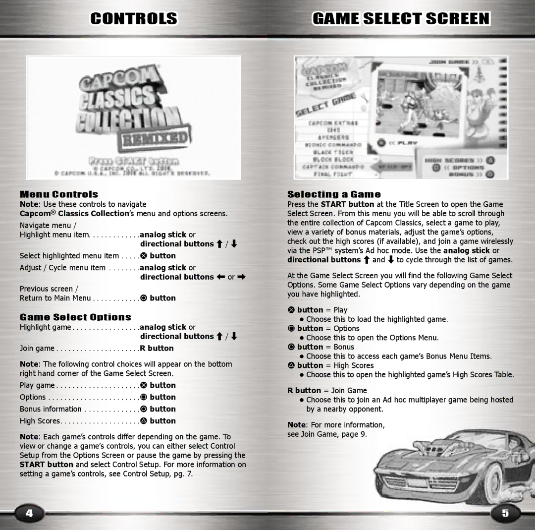 Capcom A0030.02 manual Game Select Screen, Menu Controls, Game Select Options, Selecting a Game 