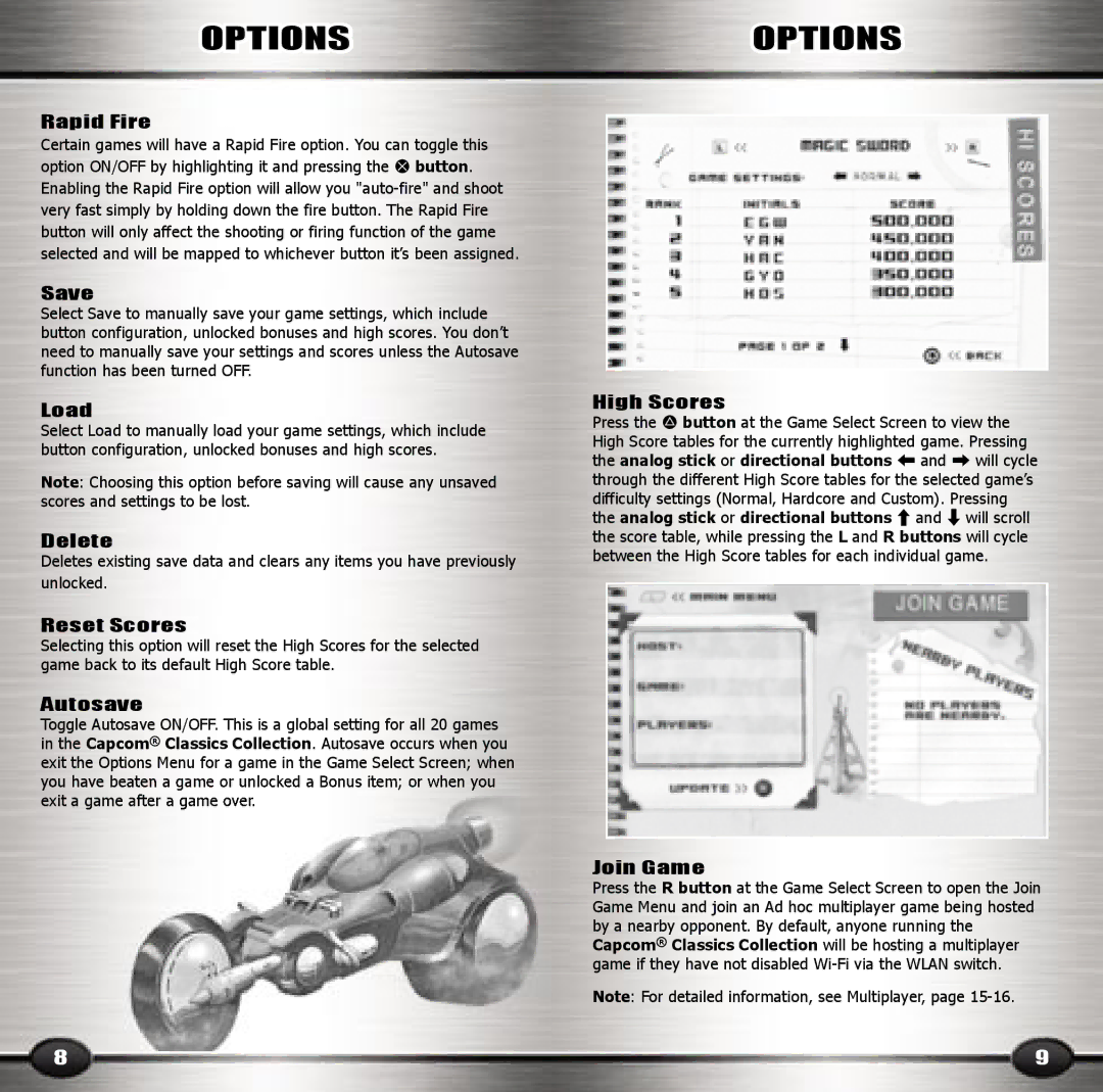 Capcom A0030.02 manual Rapid Fire, Save, Load, Delete, Reset Scores, Autosave, High Scores, Join Game 