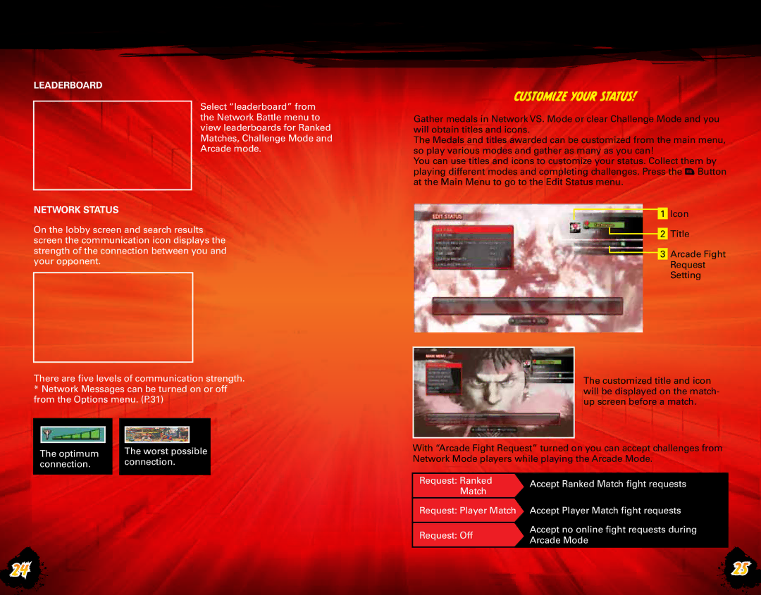 Capcom Capcom CA105_SFIV_XBX_MANC_BC02.indd manual Customize Your Status, Leaderboard, Network StATUS 