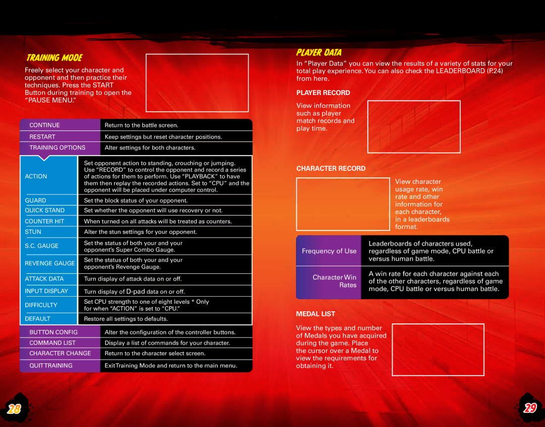 Capcom Capcom CA105_SFIV_XBX_MANC_BC02.indd manual Training Mode, Player Data, Player Record, Character Record, Medal List 